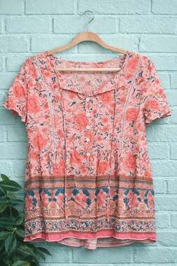 Pink Boho Floral V-Neck Button Front Peplum Blouse with Tassel Ties